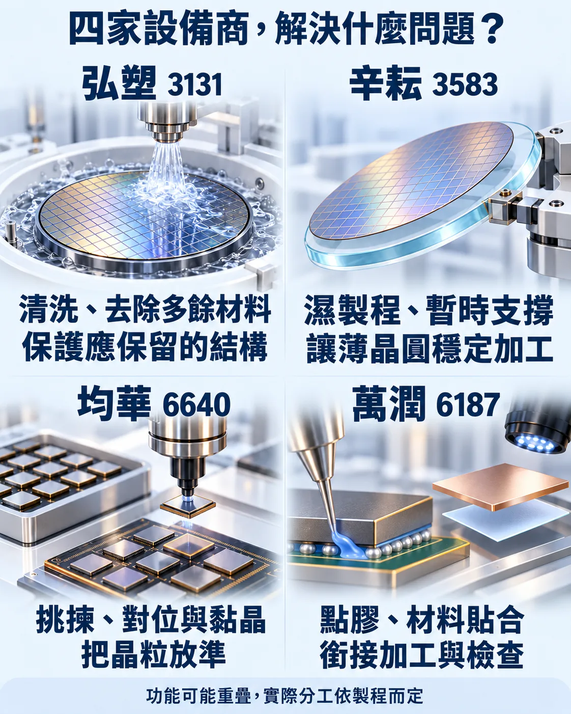 四家先進封裝設備商的代表功能：弘塑清洗並去除多餘材料；辛耘濕製程與薄晶圓暫時支撐；均華挑揀、對位與黏晶；萬潤點膠、材料貼合與加工檢查銜接。功能可能重疊，實際分工依製程而定。