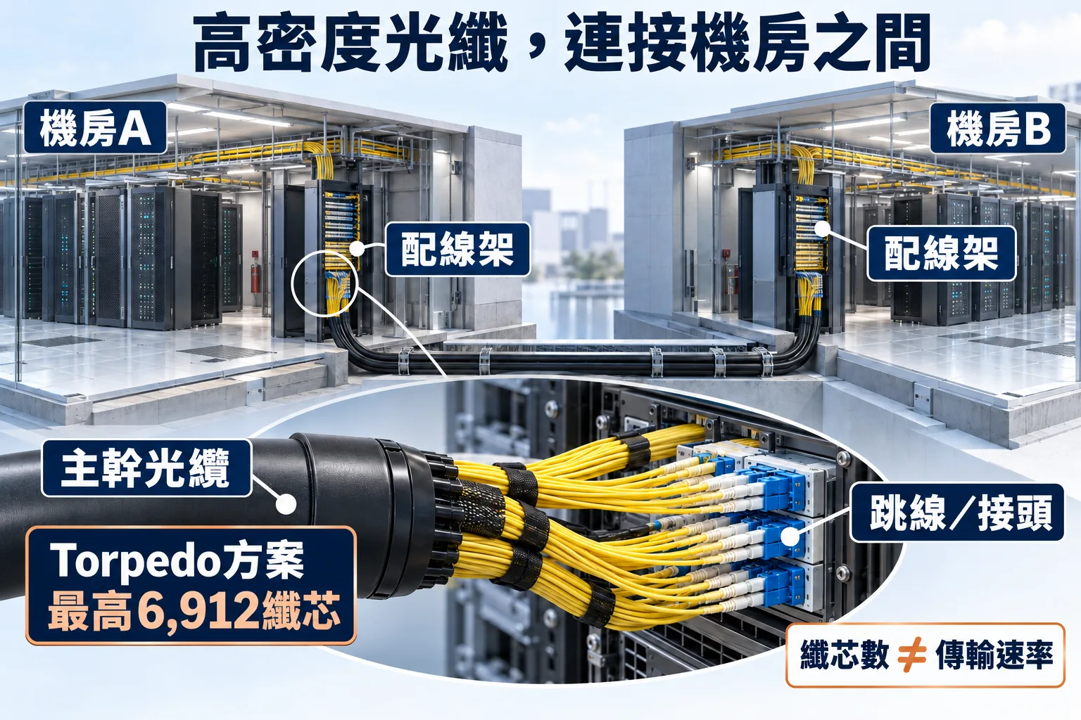 高密度光纖概念示意：主幹光纜連接兩側機房配線架，再以跳線與連接器分接；最高6,912纖芯為整體主幹方案規格，不是單一接頭容量或傳輸速率。