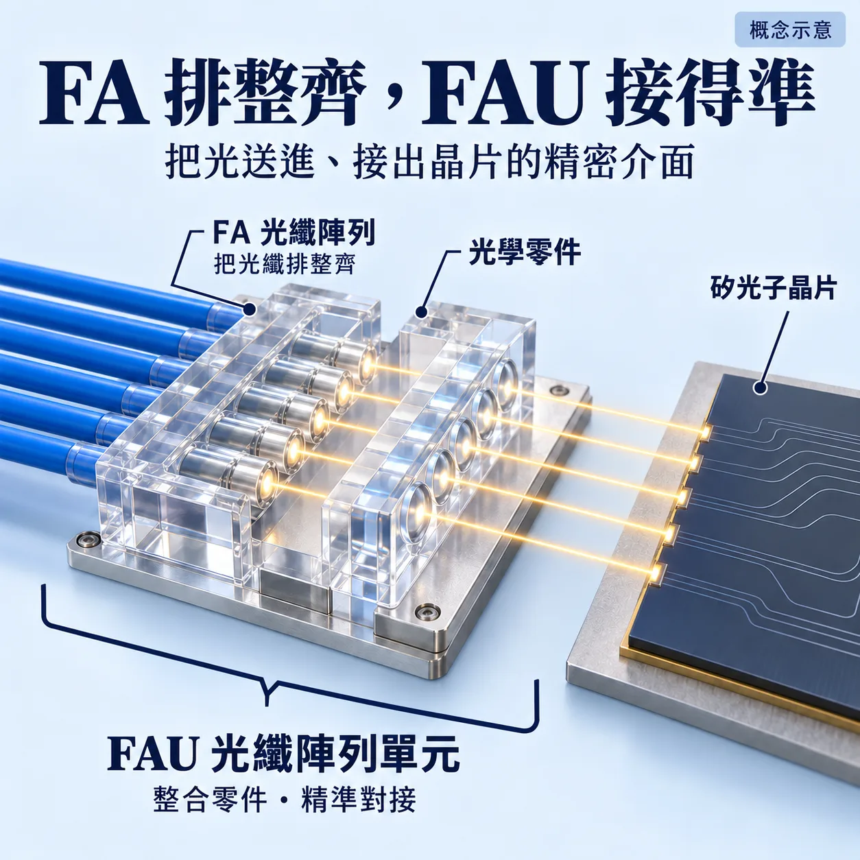 FA將多條光纖排列固定，FAU整合FA及其他光學零件，與外部矽光子晶片精準對接的概念示意。