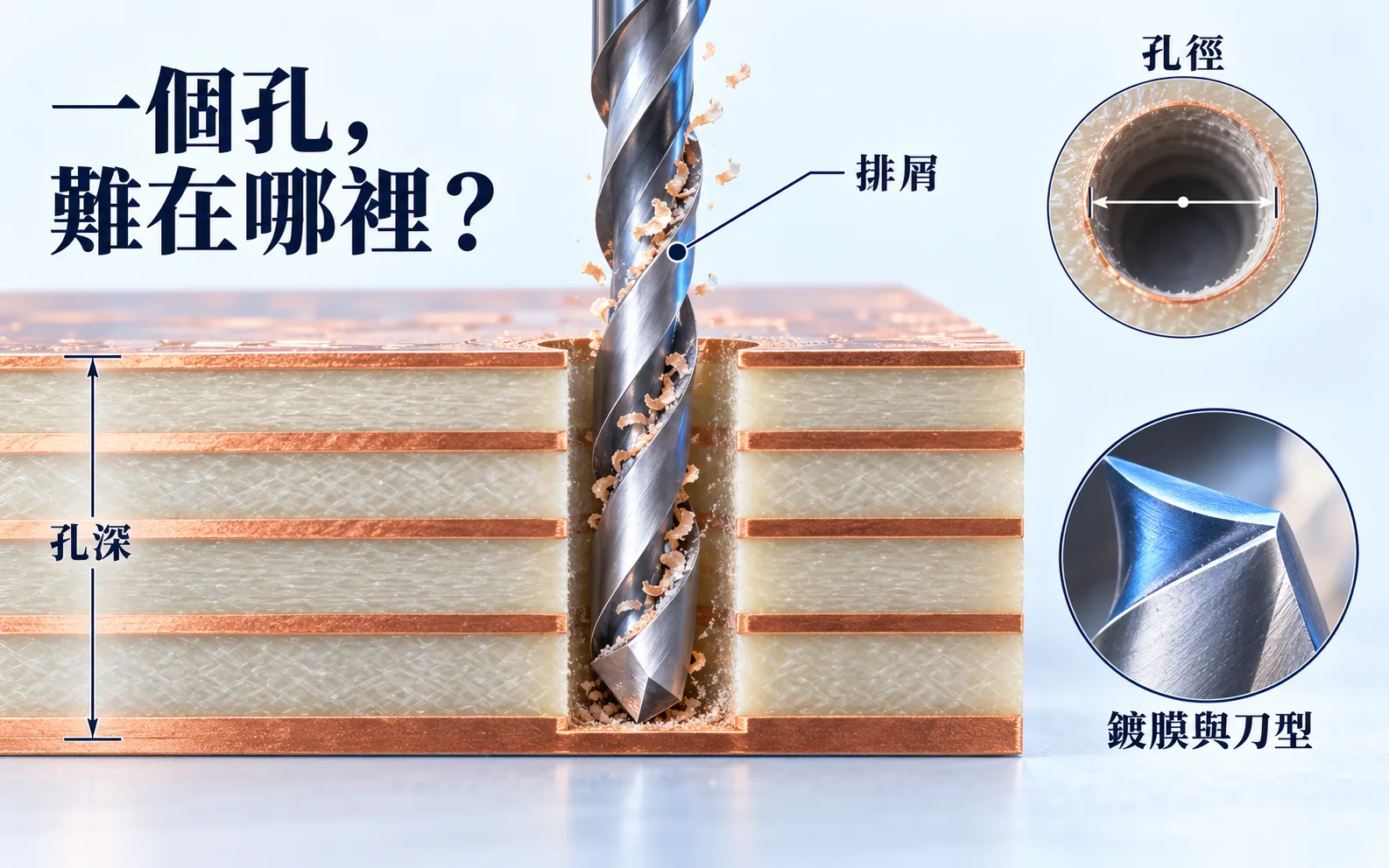 多層PCB機械鑽孔概念圖，呈現孔深、孔徑、鑽針螺旋槽排屑，以及鍍膜與刀型特寫