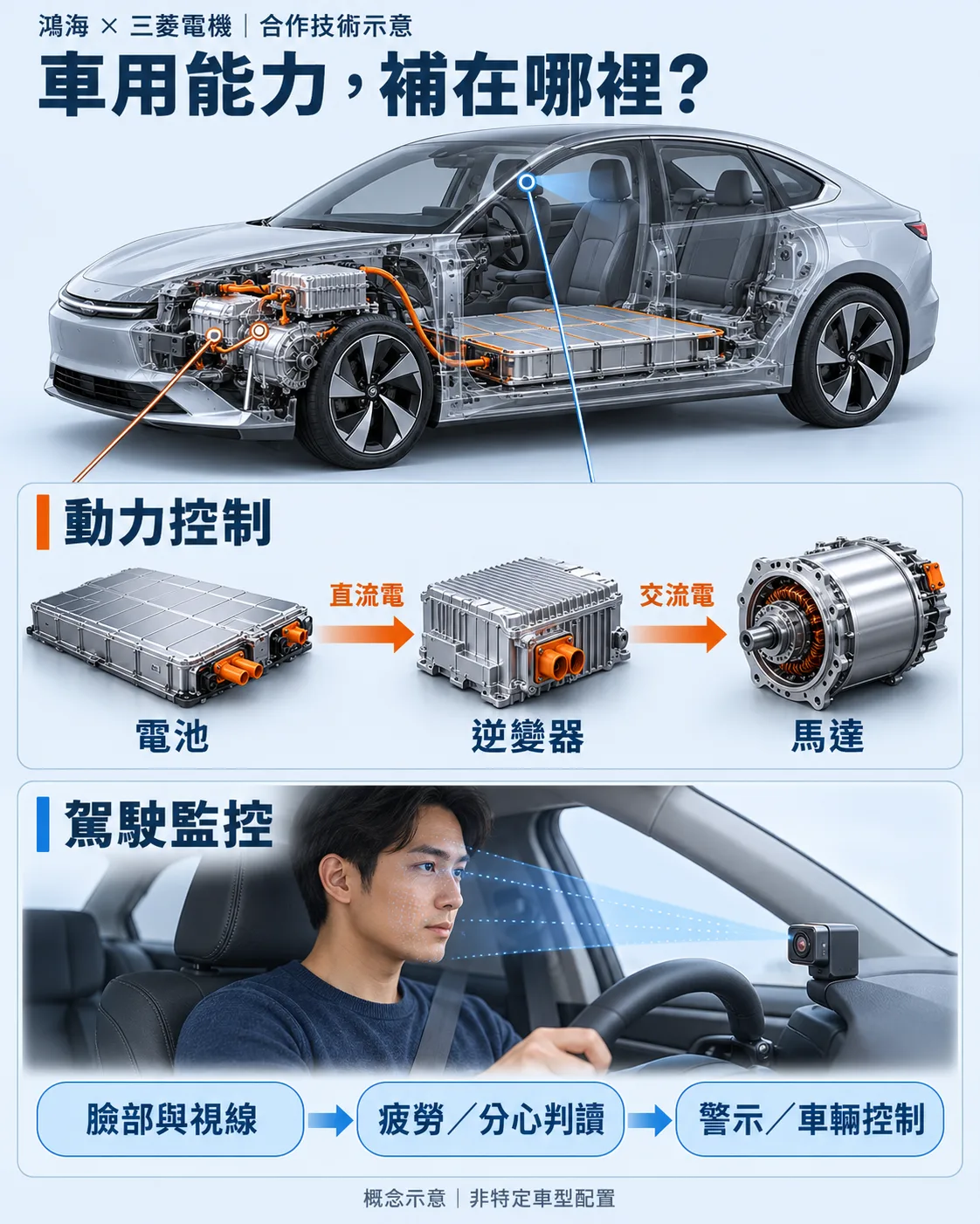 通用電動車與局部放大示意：電池經逆變器供電至馬達；駕駛臉部與視線經疲勞分心判讀，再將資訊交給警示與車輛控制。