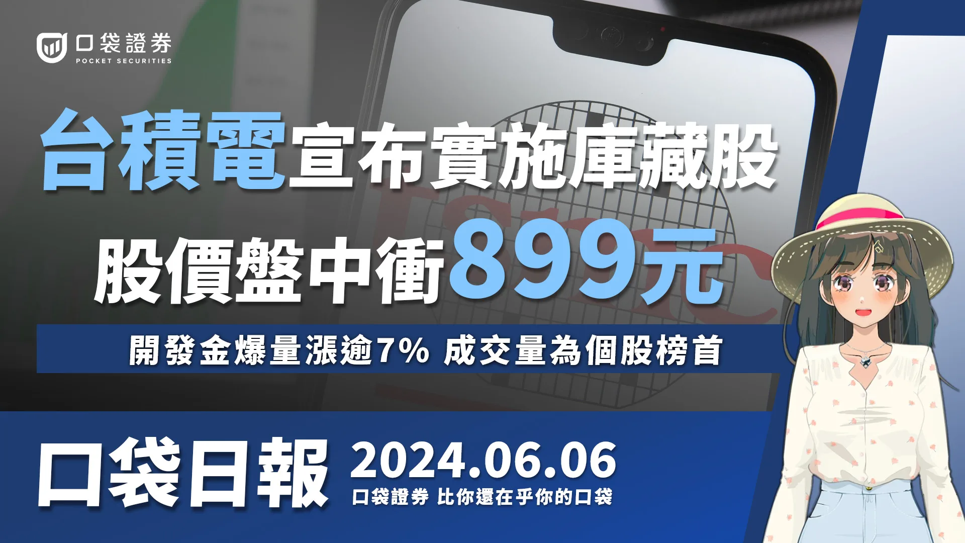 【口袋日報】台積電宣布實施庫藏股,股價盤中衝899元!開發金爆量漲逾7%,成交量為個股榜首!2024.06.06