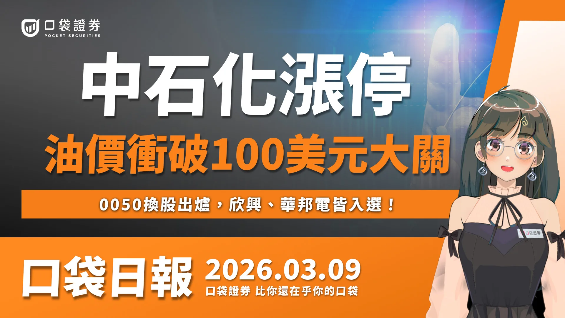 【口袋日報】中石化、台塑化飆漲停，油價衝破100美元大關！0050換股出爐，欣興、華邦電皆入選！2026.03.09