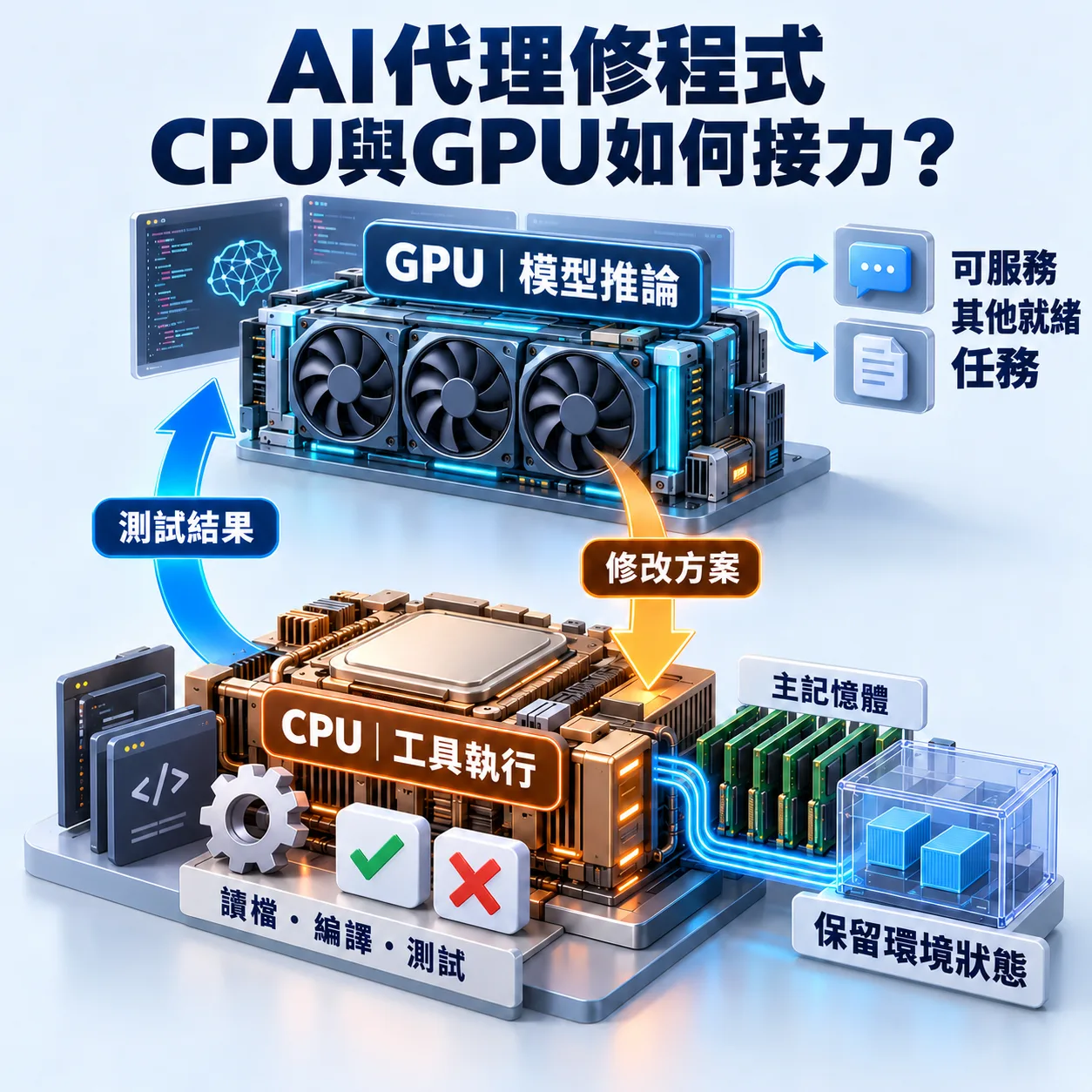 AI代理修程式的CPU與GPU接力概念圖：GPU產生修改方案，CPU讀檔、編譯與測試，再回傳結果；主記憶體保留環境狀態，GPU可服務其他就緒任務。