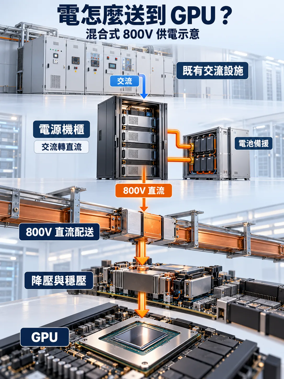 混合式800V供電流程：既有交流設施經電源機櫃轉成直流，沿配電路徑配送，再降壓穩壓供GPU使用；電池備援接在直流路徑旁。