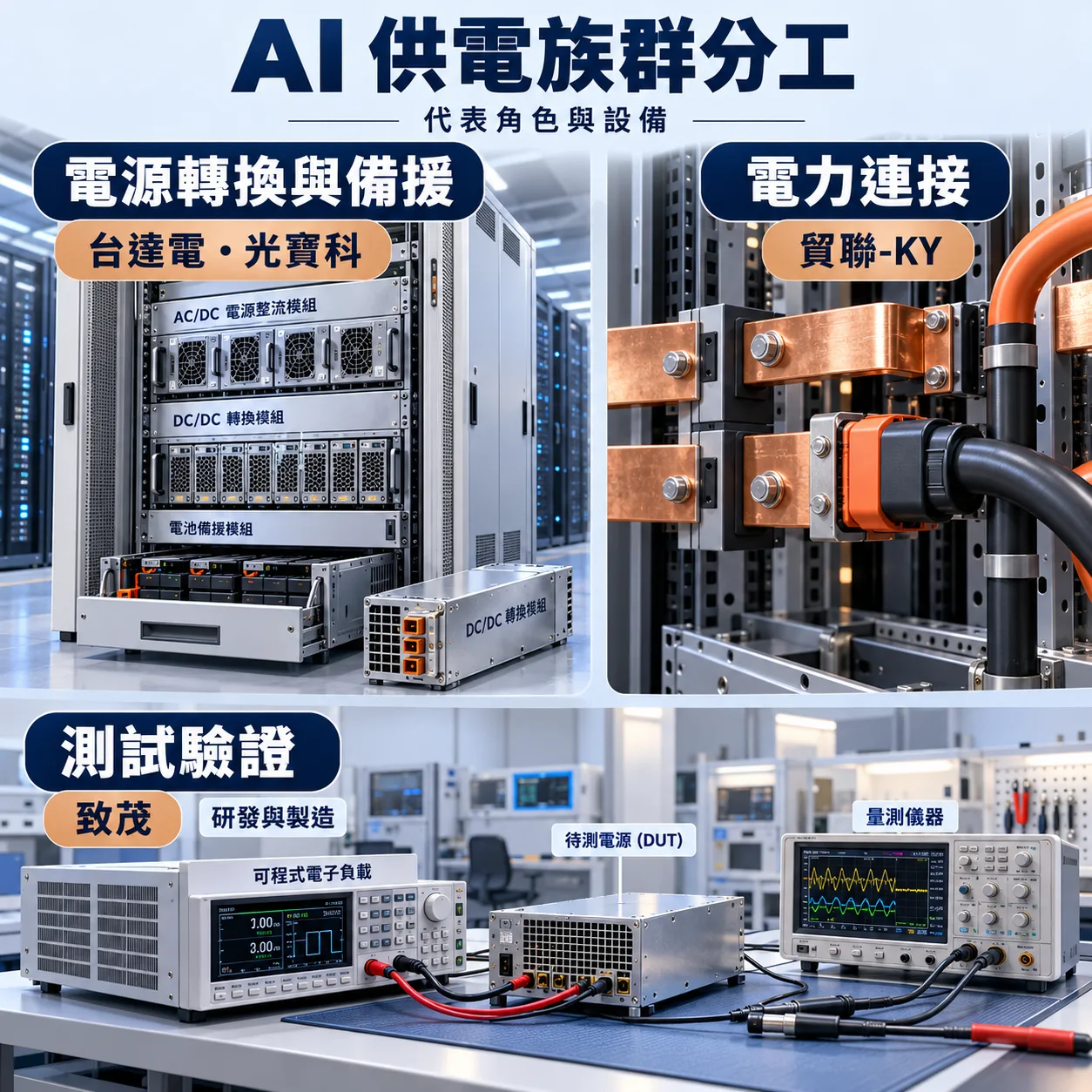 AI供電代表角色：台達電與光寶科提供電源轉換及備援設備，貿聯-KY提供電力連接方案；致茂的測試設備位於獨立研發與製造工作台，測試待測電源。