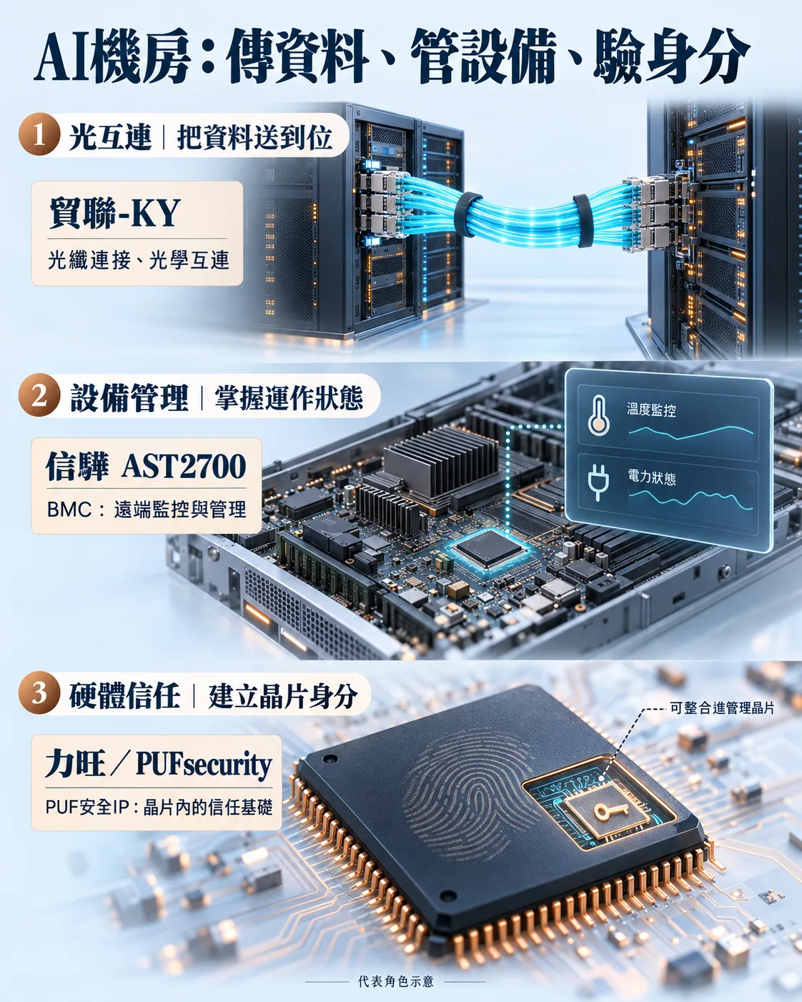 AI機房三種代表分工：貿聯的光纖連接、信驊AST2700的設備管理，以及力旺與PUFsecurity的晶片身分安全IP；管理與信任功能可整合
