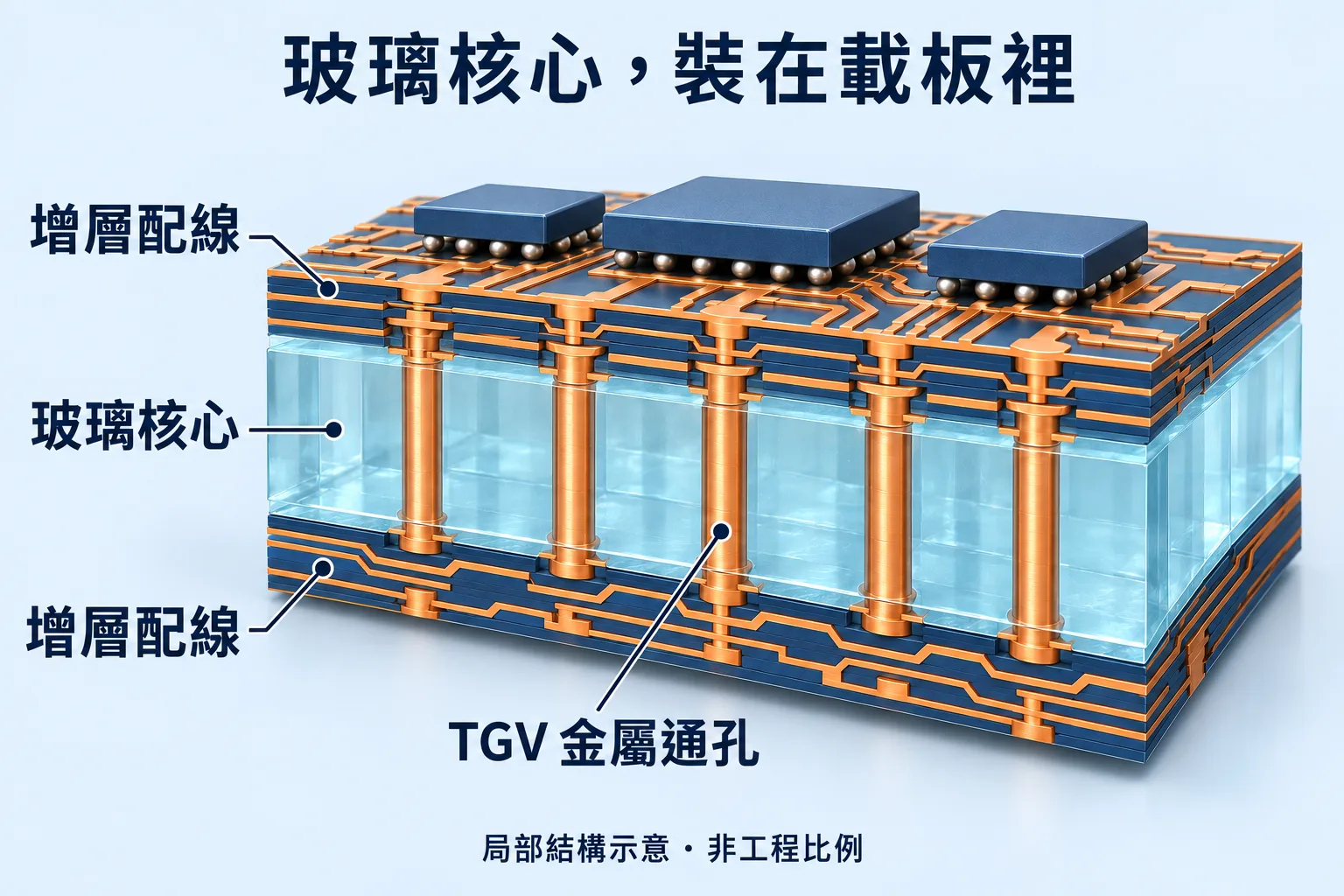 玻璃核心局部剖面：中間玻璃提供支撐，上下保留增層配線與絕緣材料，金屬通孔穿過玻璃連接兩面。
