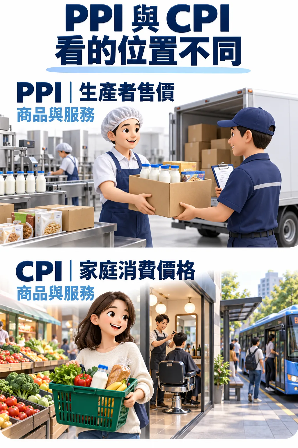 兩個觀察位置：PPI呈現生產者交付商品與貨運服務；CPI呈現家庭購物與日常服務消費，兩者沒有固定先後箭頭。