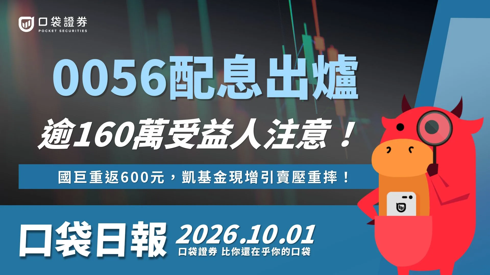 0056配息出爐，逾160萬人注意！國巨漲停重返600元，凱基金現增引賣壓重摔！｜口袋日報｜2026.10.01