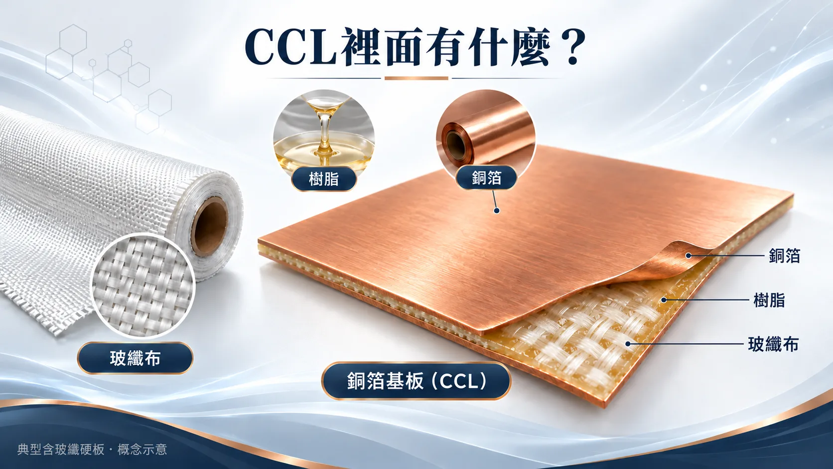 銅箔基板局部剖面概念圖：外側銅箔包覆含有玻纖布的樹脂基材。