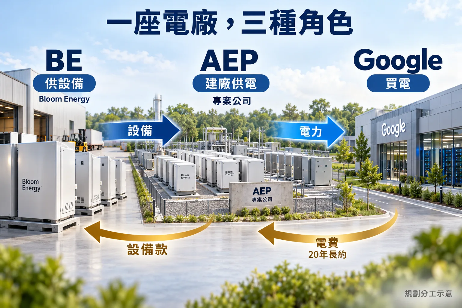 規劃分工示意：BE向AEP專案供應燃料電池設備並收取設備款；AEP專案建廠供電，Google依20年購電長約支付電費。