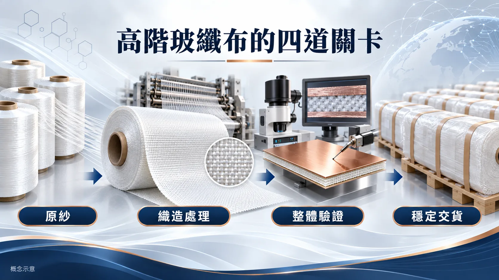 電子級玻纖布四道關卡橫式示意：原紗、織造處理、整體板材驗證與穩定交貨。