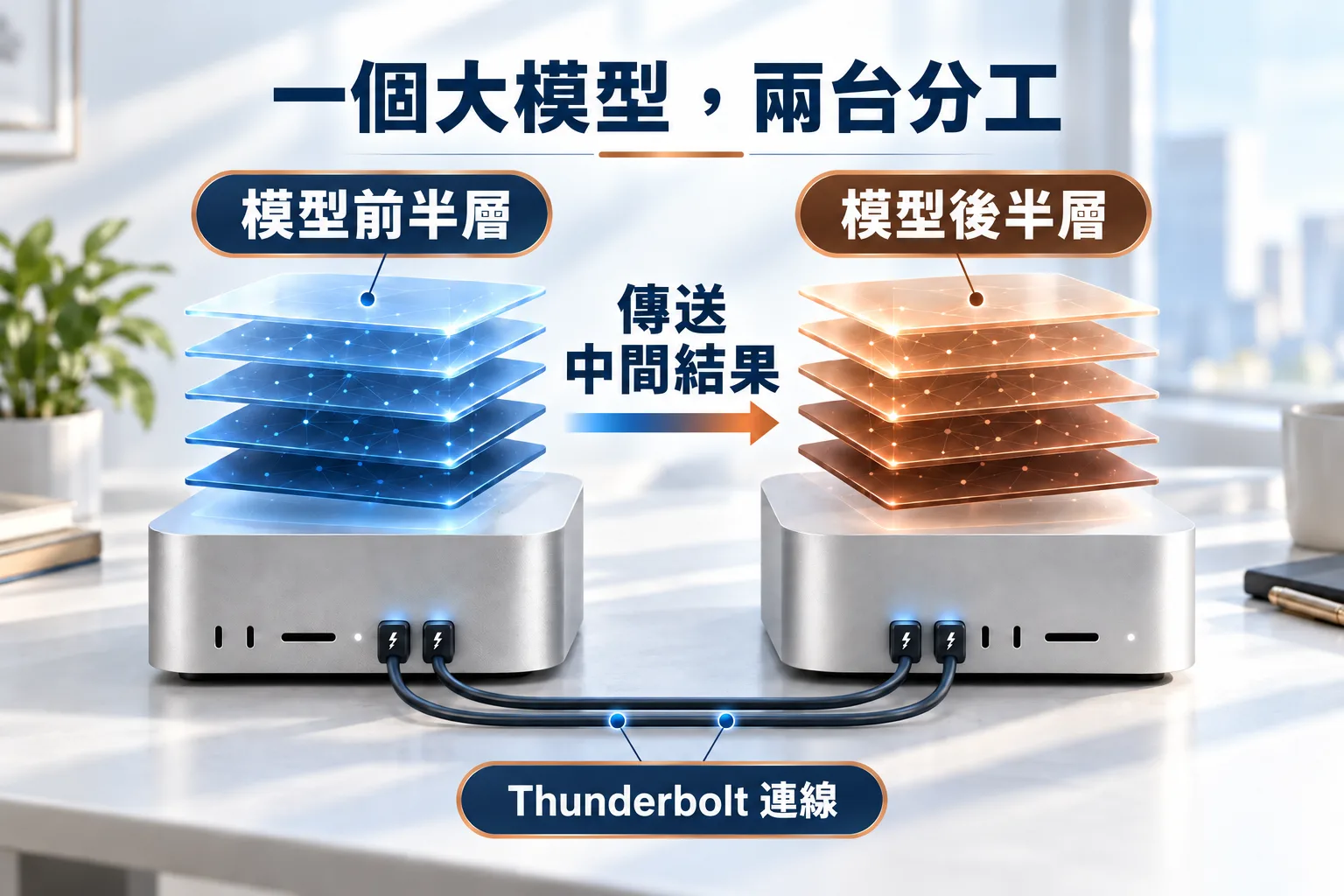 雙機流水線平行示意：同一模型的前半層與後半層分放兩台工作站，透過兩條Thunderbolt連線傳送中間運算結果。