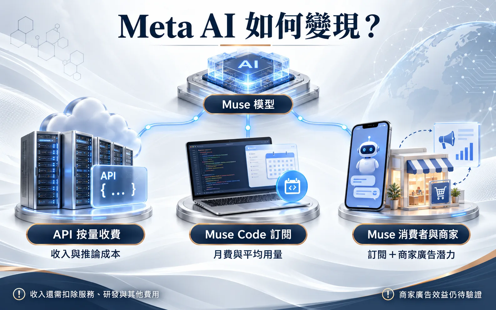 Meta AI 三條變現路徑：API 按 token 收費，Muse Code 固定月費，Muse 包含付費訂閱與協助商家的廣告潛在增益；獲利仍需驗證服務成本、續訂與廣告成效。