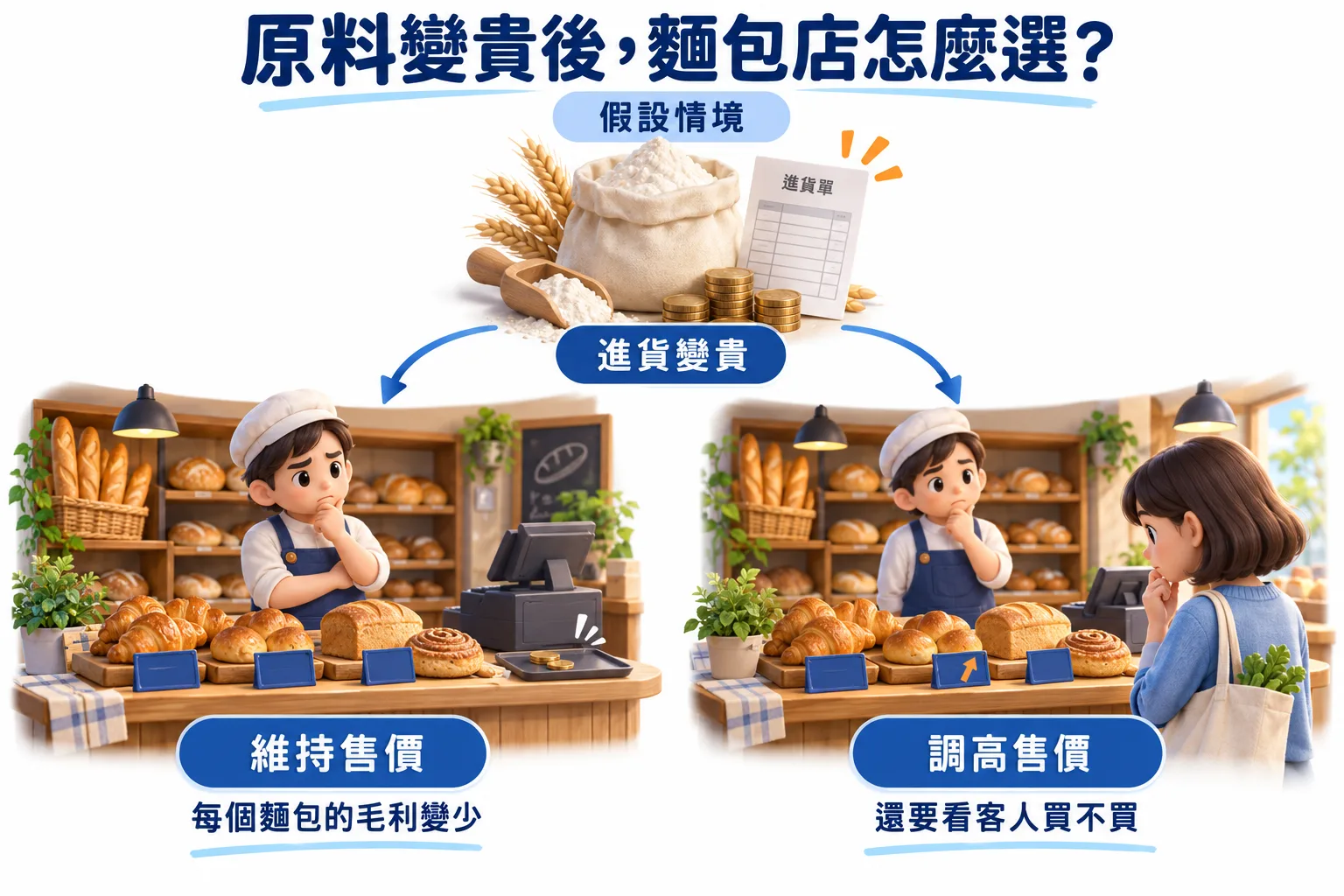 假設麵包店進貨變貴後的兩種選擇：維持售價時每個麵包毛利變少；調高售價則仍要看顧客是否接受。